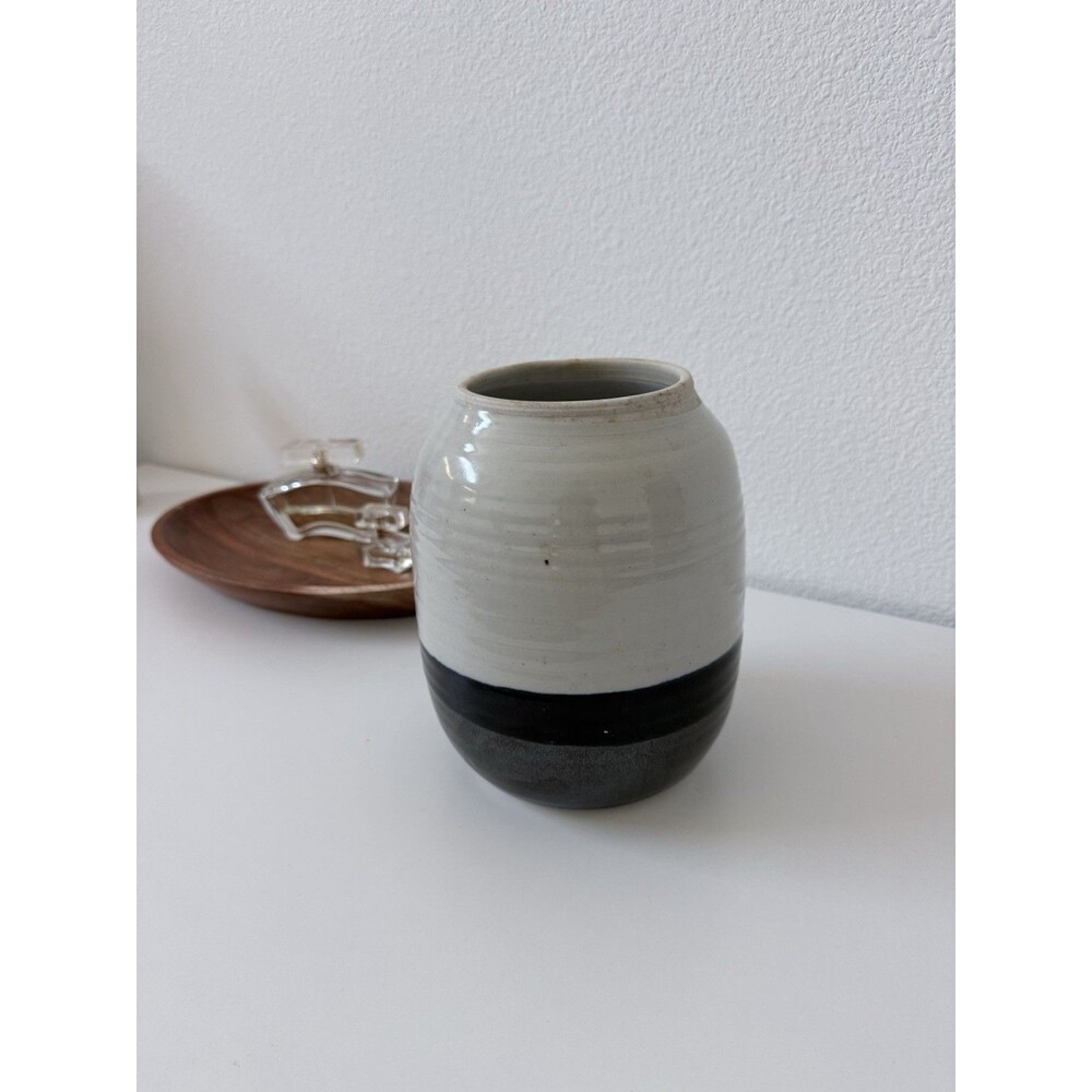 Studio Pottery Ovoid Vase Iridescent Black White Luster Glaze Signed Modernist